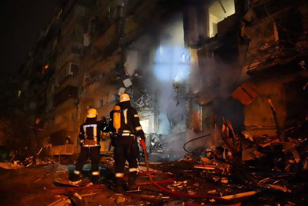 Impact damage on a residential building from a missile or the remains of a Russian jet shot down over Kyiv. Retrieved from unknown.