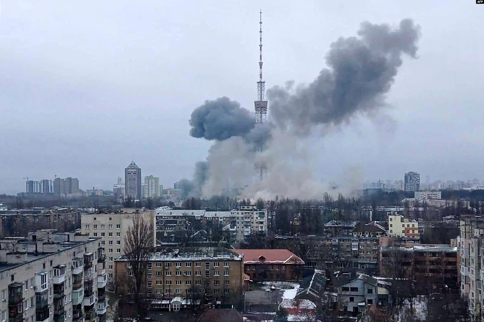 A Russian missile striking a radio tower in Kyiv. Retrieved from Voice of America.