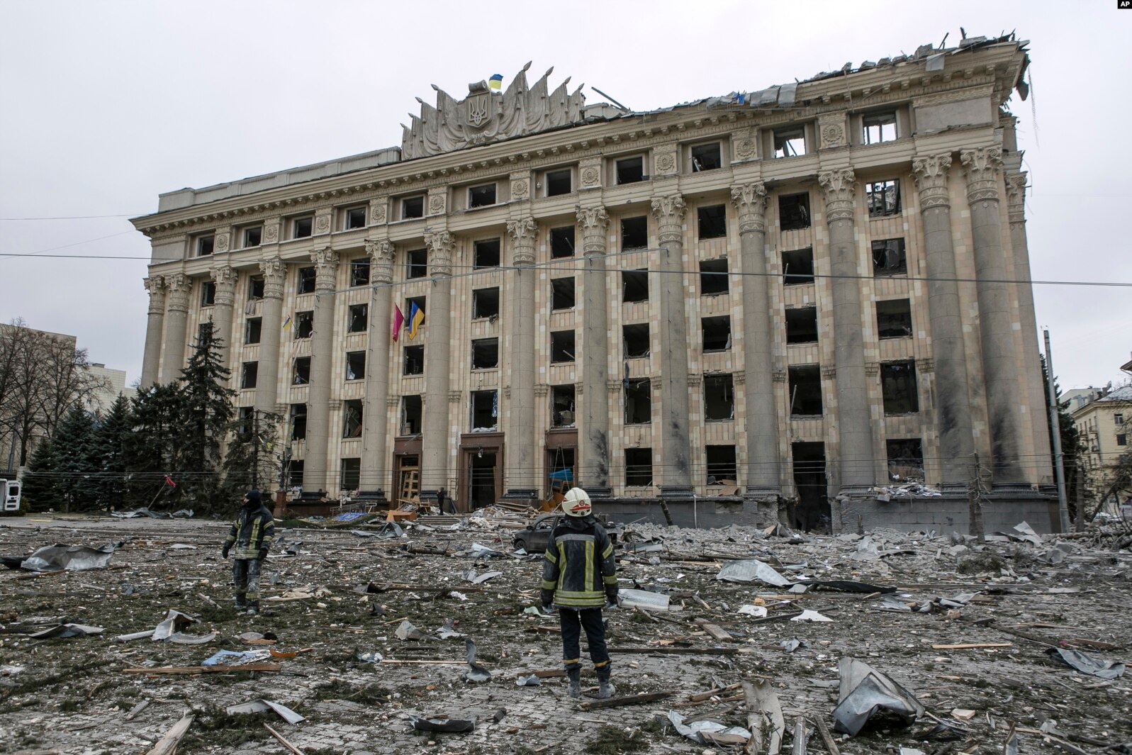 The aftermath of a Russian missile strike on Kharkiv's City Hall. Retrieved from Voice of America.