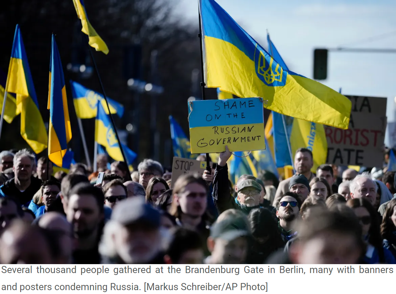 A demonstration in support of Ukraine on the two-year anniversary of the Russian invasion in Berlin, Germany. Retrieved from al-Jazeera.