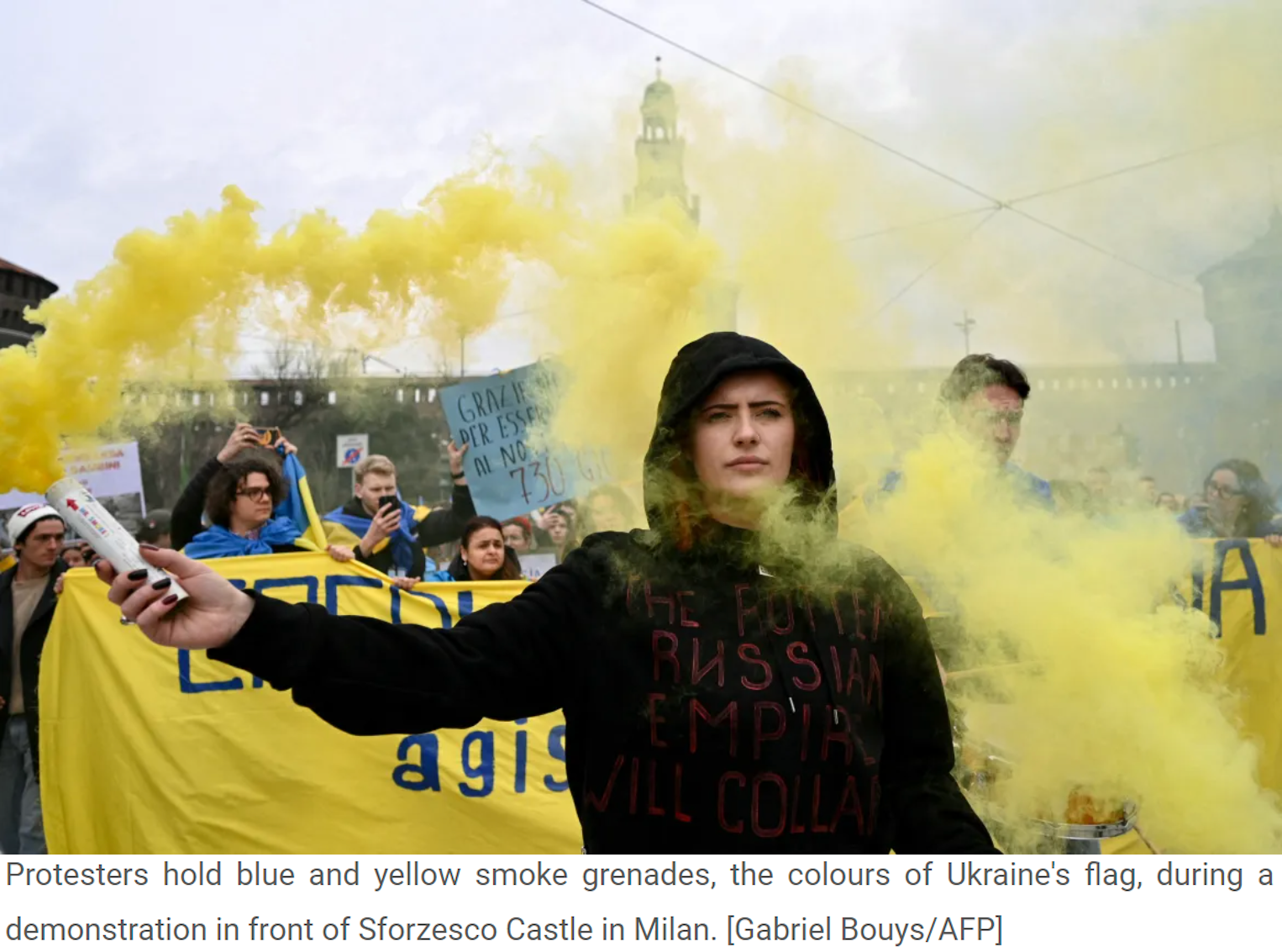 A demonstration in support of Ukraine on the two-year anniversary of the Russian invasion in Milan, Italy. Retrieved from al-Jazeera.